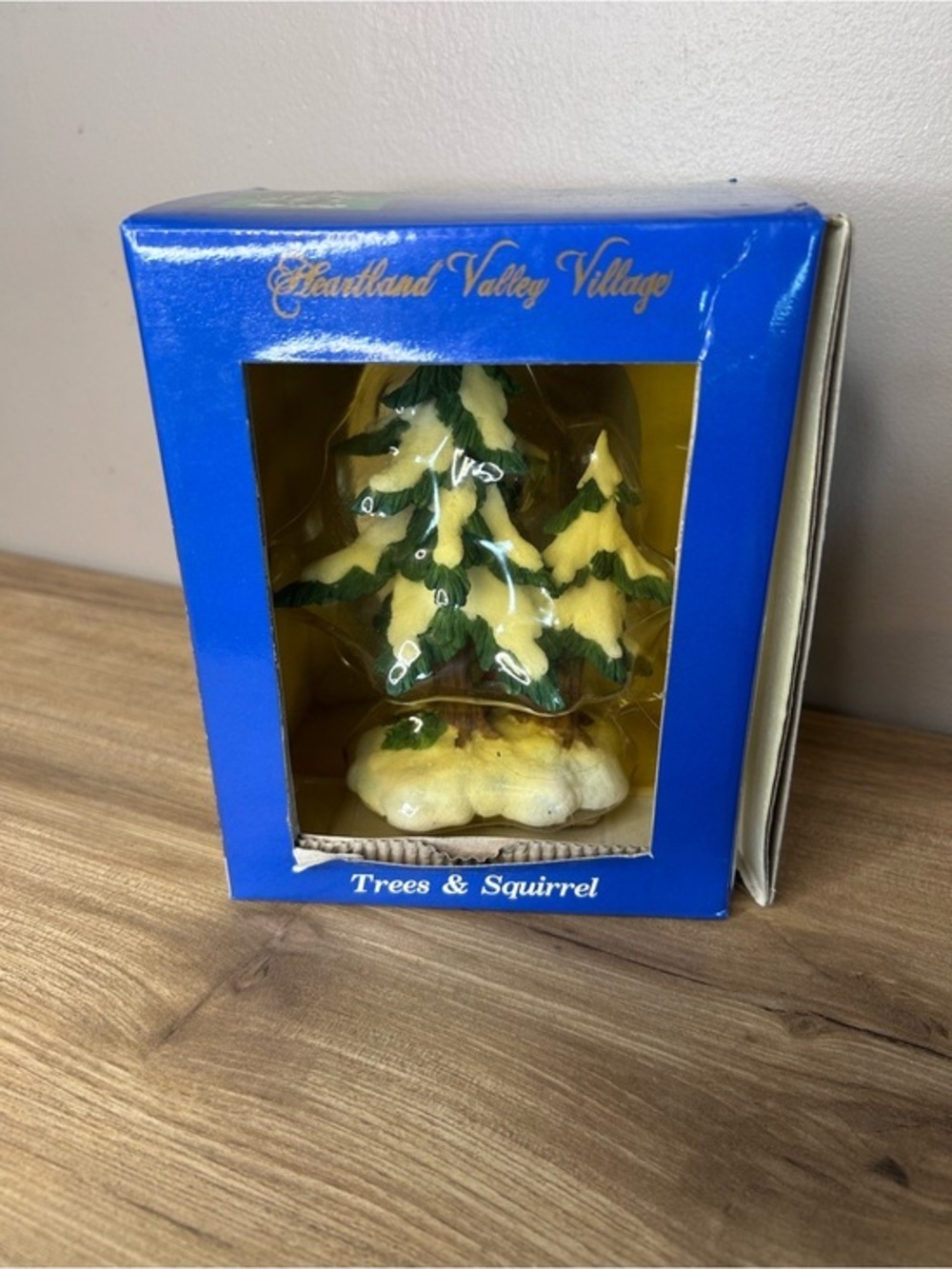 Vintage Blue Boxed Trees & Squirrel Figurine (green, cream, brown)